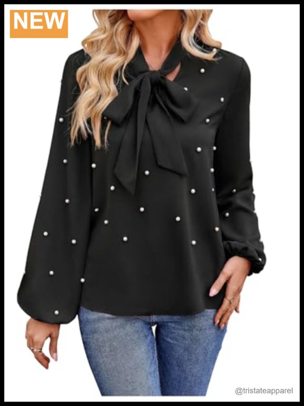Womens Pearl Bow Tie Neck Long Sleeve Blouse Casual Loose Fit Polyester Elegant